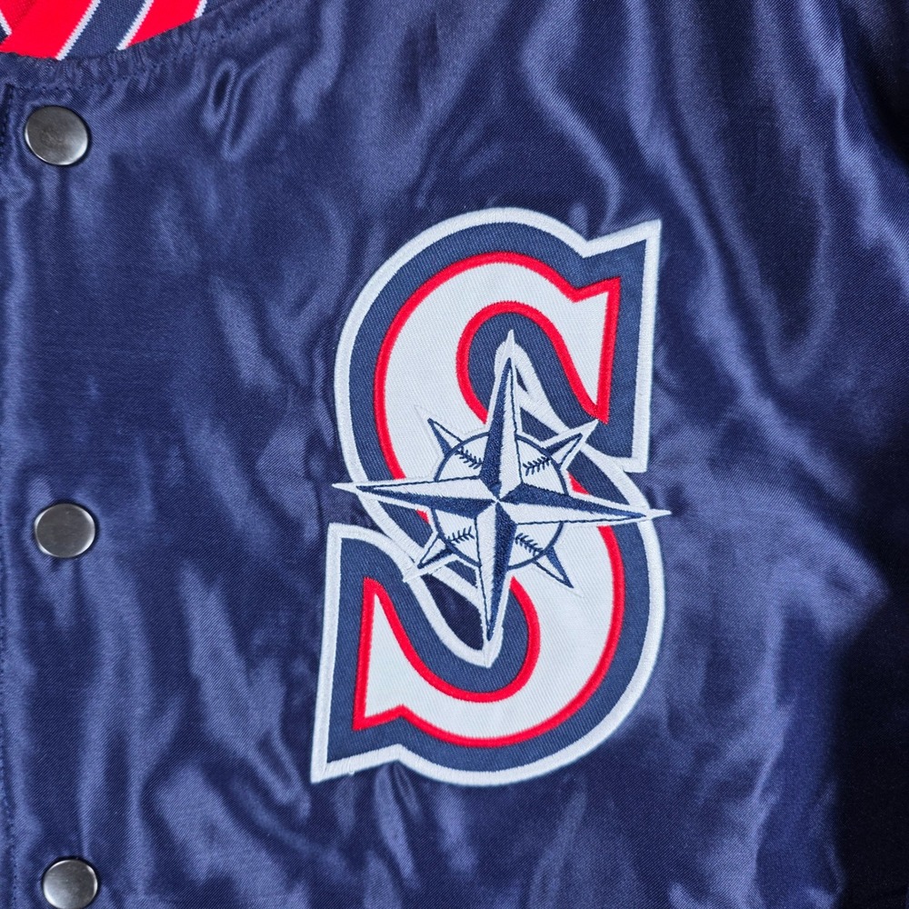 Seattle Mariners Gonzaga MLB Satin Varsity Bomber Jacket Navy Blue Red Mens Lg - Picture 3 of 7